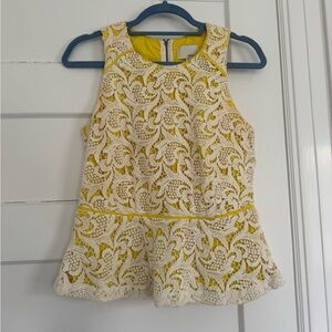 Anthropologie Greylin Cream Lace Overlay Yellow Peplum Sleeveless Top